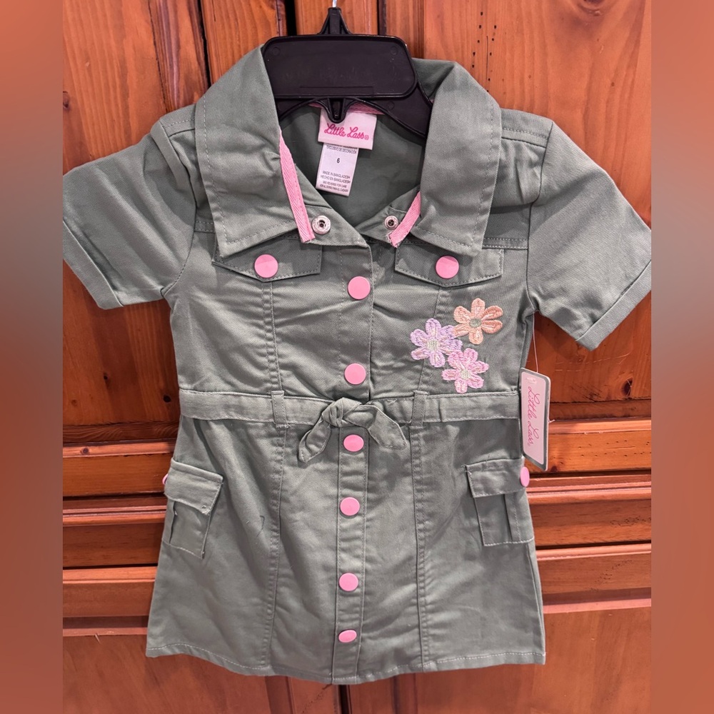Little Lass Olive Dress with Pink Details